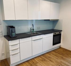 a kitchen with white cabinets and a sink at HALBSTÜCK - Ferienwohnungen am Kropsbachpark in Sankt Martin +19 photos