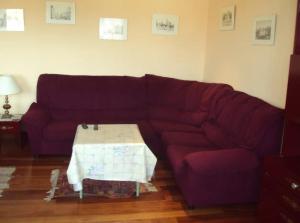 Las Caldas de Boñar Casa alquiler completo في بونيار: أريكة أرجوانية مع طاولة قهوة في غرفة المعيشة
