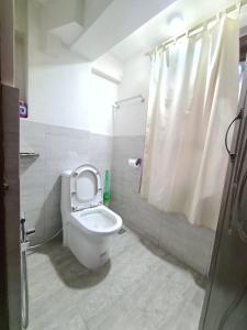 a bathroom with a white toilet and a shower at Dalucha Heritage Home in Pātan