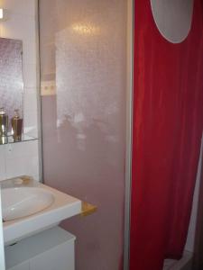 La salle de bains est pourvue d'un lavabo et d'un rideau de douche. dans l'établissement Azur Sancy Skis aux pieds, à Le Mont-Dore