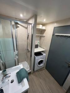 a bathroom with a sink and a washing machine at STUDIO COSY STRASBOURG CENTRE TRAM in Strasbourg