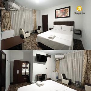 two pictures of a hotel room with a bed and a tv at Maximus Inn in Sechura