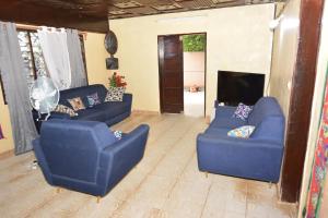 a living room with two blue couches and a fireplace at Résidence Les 6 Roses in Porto-Novo