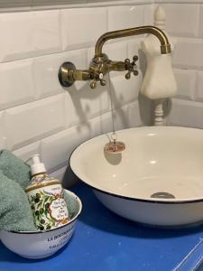 a bathroom counter with a sink and a bowl with a bottle of soap at Cueva Colorin Alloza. in Alloza