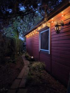a purple house with lights on the side of it at Bungalow 54 N 11,45 E in Insel Poel