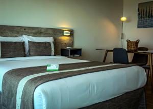 アントファガスタにあるEcoApart Antofagastaの大きなベッドとデスクが備わるホテルルームです。