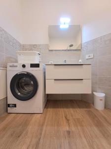een wasruimte met een wasmachine en een wastafel bij Music Apartment in Beinette