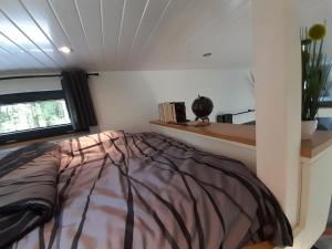 ein Schlafzimmer mit einem Bett in einem Zimmer mit einem Fenster in der Unterkunft Tiny House 14 - Sollberg in Salzhemmendorf