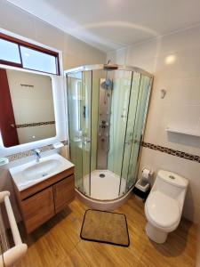 uma casa de banho com um chuveiro, um WC e um lavatório. em Hotel Laguna Azul em Sauce