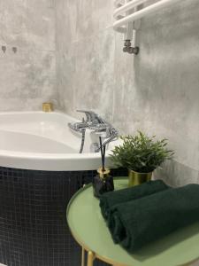 y baño con lavabo y bañera. en Apartment in Warsaw Cyprysowa, en Varsovia