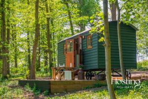 a green tiny house sitting in the woods at Red Kite Retreat - Bluebell - Shepherds Hut 1 in Henley on Thames