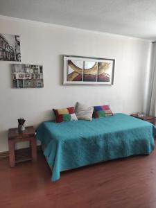 1 dormitorio con 1 cama con manta azul en Bellavista Departamento Amoblado, en Santiago