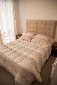 1 cama grande en un dormitorio con ventana en bellavista Departamento Amoblado, en Santiago
