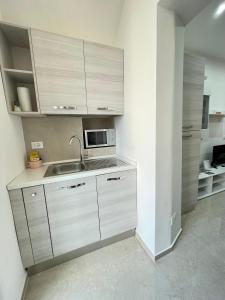 eine Küche mit einer Spüle und einer Mikrowelle in der Unterkunft Casa vacanza l’archetto in Genzano di Roma