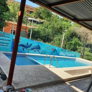 a swimming pool with a mural of whales and sharks at Hotel & Hostal Mayflower in Puerto Escondido