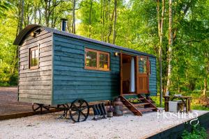 a blue tiny house sitting in the woods at Red Kite Retreat - Allium - Shepherds Hut 2 in Henley on Thames