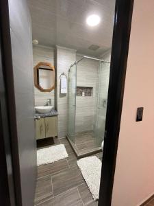y baño con ducha y lavamanos. en Moderno apto familiar piso 2 en Santa Rosa de Cabal