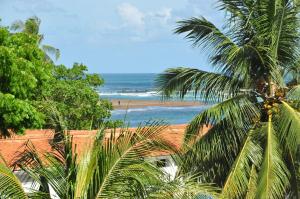 a view of a beach with a palm tree and the ocean at Hotel Bay Watch Unawatuna in Unawatuna