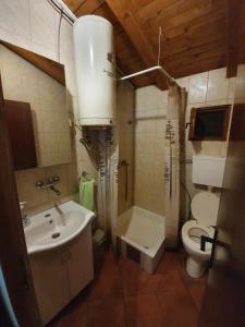 a bathroom with a sink and a toilet and a tub at Brvnara Lenka in Temerin