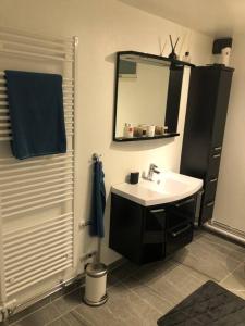 y baño con lavabo, espejo y ducha. en Near commuter train to Stockholm en Södertälje