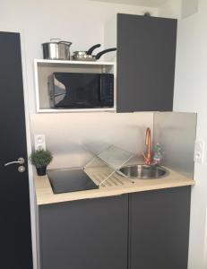eine kleine Küche mit einer Spüle und einer Mikrowelle in der Unterkunft Le Mini Montesquieu Studio Cosy 2 pers in Lyon