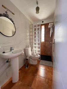 W łazience znajduje się umywalka, toaleta i lustro. w obiekcie Casa Valentina El Hierro w mieście Frontera