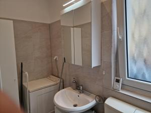 a bathroom with a sink and a toilet and a mirror at Apartment Wuppertal Heckinghausen in Wuppertal