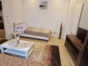 a small living room with a bed and a tv at Apartment Wuppertal Heckinghausen in Wuppertal