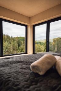 - une chambre avec un lit et une grande fenêtre dans l'établissement Chata Scheelit, à Banská Štiavnica