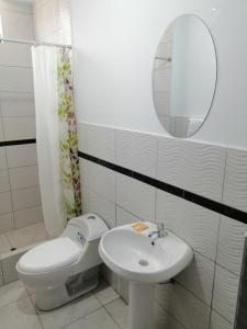 a bathroom with a toilet and a sink and a mirror at Alemar's House in Nazca