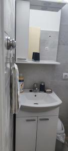 ein Badezimmer mit einem weißen Waschbecken und einem Spiegel in der Unterkunft Stan na dan ili vikend Guča in Guča