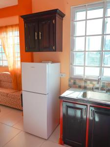 a kitchen with a white refrigerator and a sink at RJ Residences in Roseau