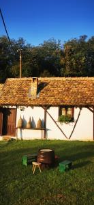 een huis met een tafel en een bank in het gras bij Etno domaćinstvo Miris Bosiljka in Mislođin