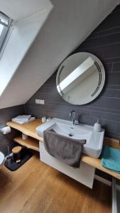 een badkamer met een wastafel en een grote spiegel bij Ferienwohnung Grenzblick in Isselburg-Anholt in Isselburg