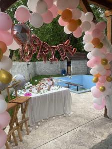 un tavolo con palloncini rosa e bianchi e un cartello che legge festa di Rock House a Novi Sad
