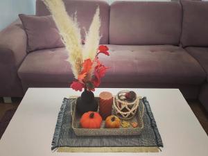 a table with a tray of pumpkins and a couch at Apartman Jana in Bijeljina