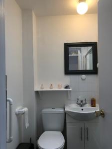 a bathroom with a toilet and a sink and a mirror at Comfortable Home away from Home, spacious 2 bedroom town house,self catering, free parking, walking distance to Cheltenham town centre in Cheltenham +41 photos