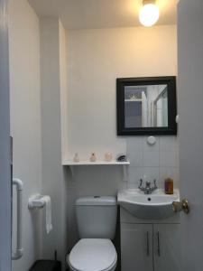 a bathroom with a toilet and a sink and a mirror at Comfy 2 bedroom house, newly refurbished, self catering, free parking, walking distance to Cheltenham town centre in Cheltenham