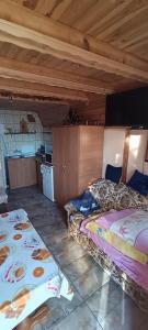 een kamer met 2 bedden en een keuken. bij Domek pod lasem in Maniowy