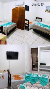 two pictures of a room with two beds and a tv at Beijaflor Pousada in Corumbá