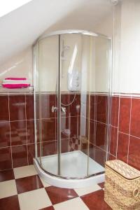 y baño con ducha y puerta de cristal. en Anne's Cottage en Bantry