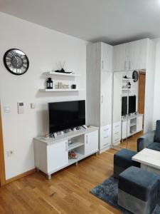 Elle comprend un salon avec des placards blancs et une télévision. dans l'établissement Apartman LUXNS Novi Sad, à Pasuljište