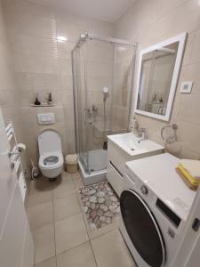 a bathroom with a shower and a toilet and a sink at Apartman LUXNS Novi Sad in Pasuljište