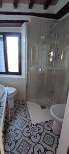 a bathroom with a shower and a toilet and a sink at La Casina di Nonna Lola in Castiglione dʼOrcia