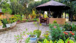 Mr. B's Place في Bhurkīā: حديقة بها طاولة ومظلة كبيرة