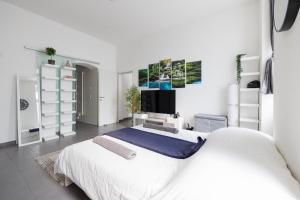 1 dormitorio blanco con 1 cama grande y TV en Modern City Apartment in Vienna, en Viena