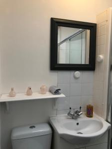 a bathroom with a sink and a toilet and a mirror at Comfy 2 bedroom house, newly refurbished, self catering, free parking, walking distance to Cheltenham town centre in Cheltenham