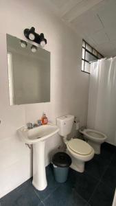 a bathroom with a sink and a toilet and a mirror at Casa en el Encantador San Telmo - 8 habitaciones in Buenos Aires