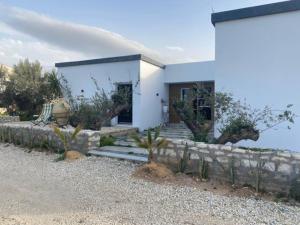 ein weißes Haus mit einer Steinmauer und einer Treppe in der Unterkunft Emy house in Ariana