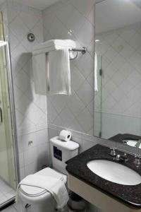 a bathroom with a toilet and a sink and a mirror at Executivo em Hotel - Vila Olímpia in Sao Paulo